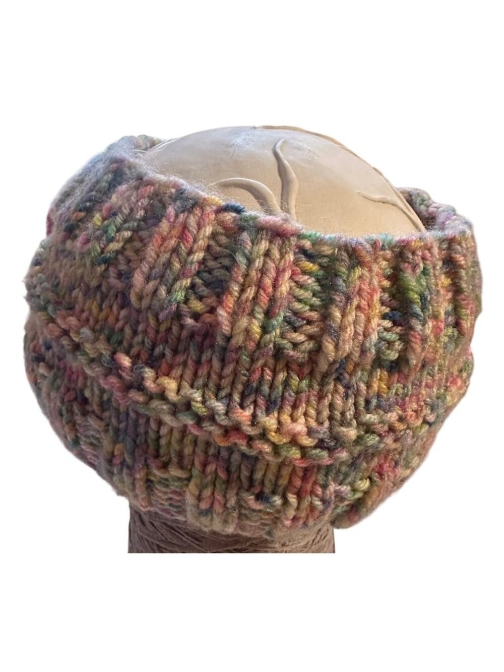 Handmade Multicolor Knit Ear Warmer With Pink Crochet Flower Accent - Picture 4 of 5